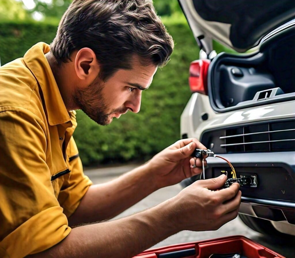 Man installing rear view cam